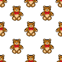 Seamless pattern with cute tiger on white background. Backdrop with wild african animal. Safari pattern. Print for wallpaper with symbol of 2022 year.