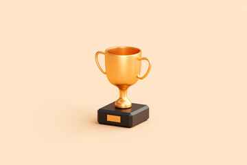Gold trophy best champion award on success prize winner 3d background with golden reward victory competition cup or leadership achievement goal object and first place celebration championship concept. - obrazy, fototapety, plakaty