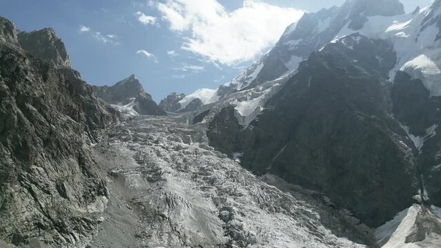 Aerial view of Great Aletsch Glacier, Alps, Switzerland. Drone footage 4K.