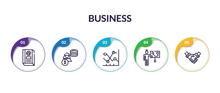 Set Of Business Outline Icons With Infographic Template. Thin Line Icons Such As Email Contacts Thin Line, Woman With Dollar Circle Thin Line, Chart Statistics Person Explaining Strategy On A Board