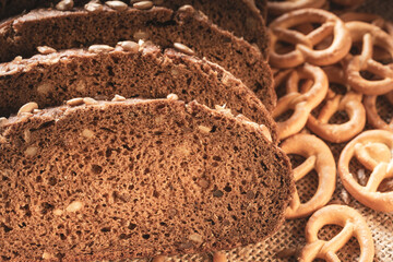 close-up texture of whole grain bread and pretzels