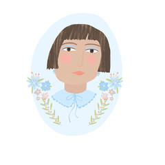 Little girls face on pale blue background. Young woman with short dark hair among flowers. For greeting and invitation card. Retro female illustration. Holiday card. Birthday cartoon style icon.