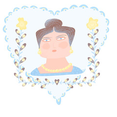 Female heart frame. Girls face winter illustration. Christmas holiday greeting. New year girl icon. Fat woman with yellow flowers around. Invitation 