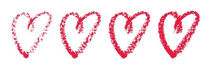 Isolated Hearts Painted in Red Lipstick. Textured Symbol of Love. Design Element for Valentine Day Holiday. Hand Drawn Style. White background. Vector illustration for Beauty and Romantic Design.