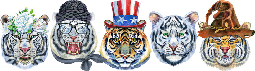 Fototapeta na wymiar Tiger border with various accessories . Wild animal watercolor illustration