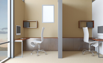 Modern office building interior. 3D rendering.. Mockup.   Empty paintings