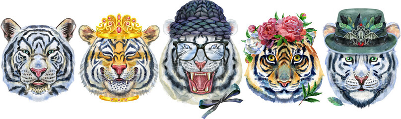 Tiger border with various accessories . Wild animal watercolor illustration