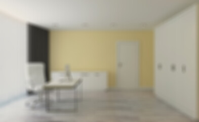 Front view of an office interior with a row of dark wood tables.. Abstract blur phototography.