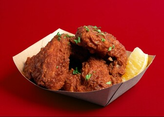 Closeup of Crispy fried chicken wings in red background