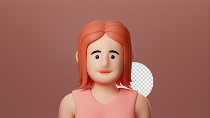 Portrait smiling cute girl, pink t-shirt. Minimal stylized art. 3d render on brown background