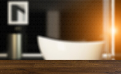 Scandinavian bathroom, classic  vintage interior design. 3D rend. Background with empty wooden table. Flooring.