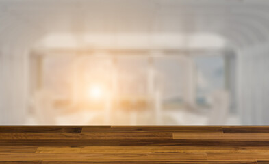 Modern office building interior. 3D rendering.. Sunset.. Background with empty wooden table. Flooring.