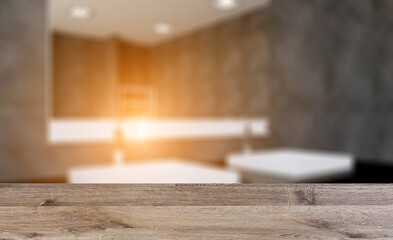 Spacious bathroom in gray tones with heated floors, freestanding. Background with empty wooden table. Flooring.