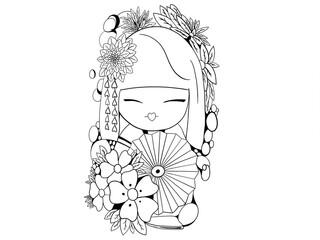 Illustration of a girl dressed in Japanese style outline