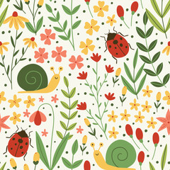 Vector floral seamless pattern with snail, ladybug. Wild flowers on beige background. Beautiful summer floral repeat background. Floral print design for textiles, wrapping paper, gift paper, fabric.