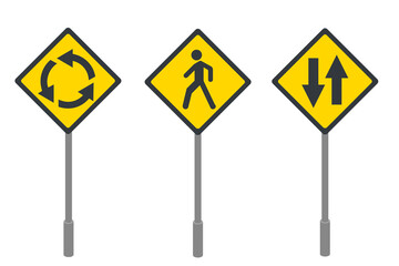 Illustration of traffic signs. roundabout sign, pedestrian walkway, pedestrian crossing