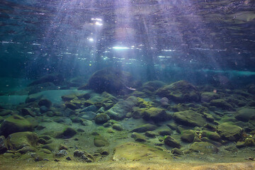 underwater fresh water landscape, mountain lake ecosystem background in summer, under water view