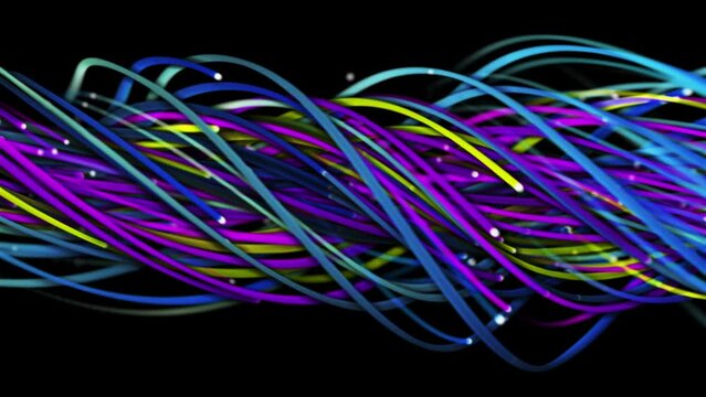 Colorful abstract background of strings, lines, ribbons, fibers or wires. Interweaving of bright strings in space. Lines form structural fibers
