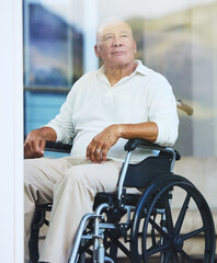 Retirement, window and elderly man in wheelchair thinking about life in luxury Portugal nursing...