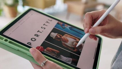 Hands, web designer and tablet for fashion business website project in digital startup technology agency. Creative UX or UI website developer girl scroll on mobile device for style brand company - Powered by Adobe