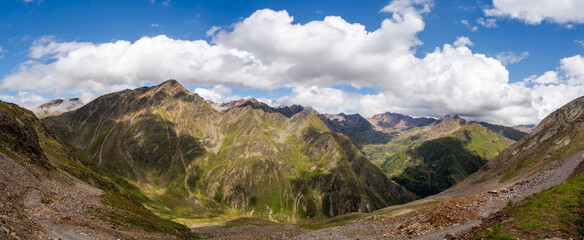 Panoramic view of mountains surrounding Timmelsjoch - Passo del Rombo. It connects the Otztal valley in austrian Tyrol to the Passeier Valley in the Italian province of South Tyrol
