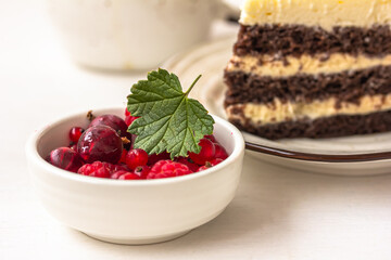 A bowl of red berries, a piece of white creamy cake on the plate, a white ceramic cup on white table,
