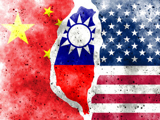 trade war. Flag of the People's Republic of China. Flag of the United States. Taiwan flag