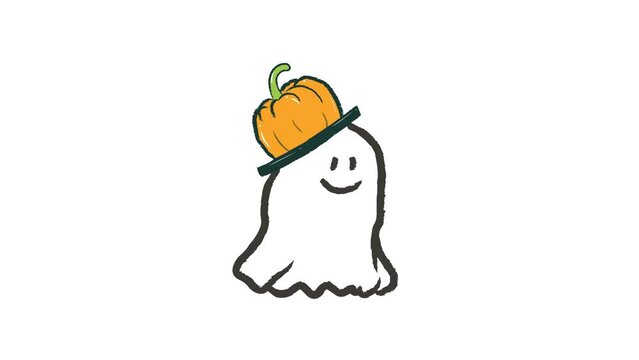 Cute white ghost with pumpkin hat cartoon illustration in footage video