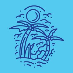 Premium Monoline sea ​​wave Vector illustration, sunrise ocean badge, creative emblem for T-shirt Design