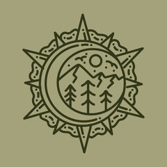 Premium Monoline vintage Mountain Vector illustration, forest badge, creative emblem for T-shirt Design