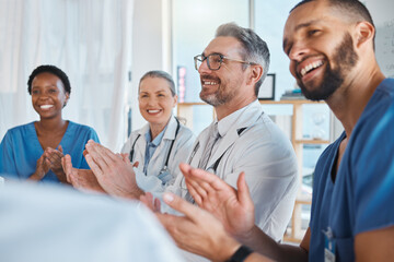 Doctors, nurses and teamwork collaboration clapping after medical presentation, healthcare meeting and hospital medicine success. Smile, happy and excited insurance men and women with winner gesture - Powered by Adobe