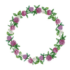 round frame with gouache leaves and clover flowers on a white background.