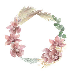 Template for creating postcards with a frame of tropical orchid flowers and dried flowers painted in watercolor isolated on a white background
