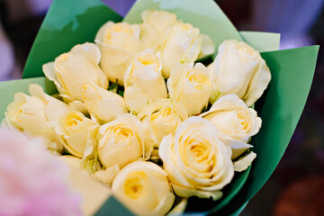 view from above on a bouquet of white delicate roses. 