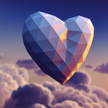 A 3D low-poly heart floating among the clouds