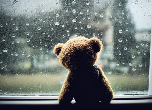 Naklejka Sad teddy-bear looking through a rainy window