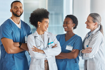 Doctors medical healthcare and happy team at work with smile for medicine portrait, diversity or teamwork in clinic. Trust, collaboration or insurance working with nurse, worker or hospital employees