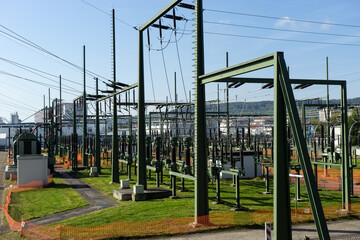 High voltage power transformer of a little town.
