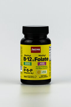 methyl b-12 and methyl folate capsules editorial. dietary supplement in the jar