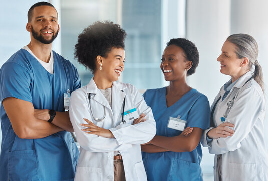 Doctors Medical Healthcare And Happy Team At Work With Smile For Medicine Portrait, Diversity Or Teamwork In Clinic. Trust, Collaboration Or Insurance Working With Nurse, Worker Or Hospital Employees