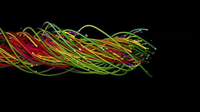 Colorful abstract background of strings, lines, ribbons, fibers or wires. Interweaving of bright strings in space. Lines form structural fibers
