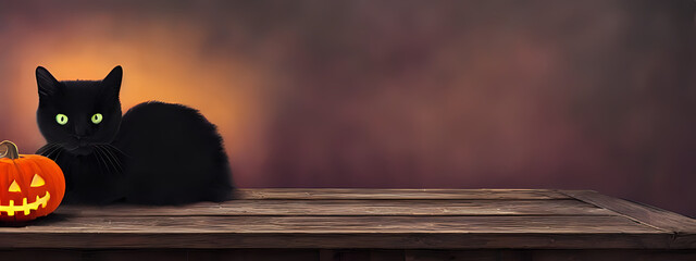A black cat and a jack-o'-lantern on a wood table. Generative AI creation. - obrazy, fototapety, plakaty