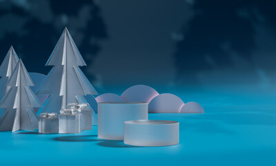 Christmas podium for branding and packaging presentation. Product display with gift boxes, Christmas showcase. Cosmetic and fashion. 3d rendering.