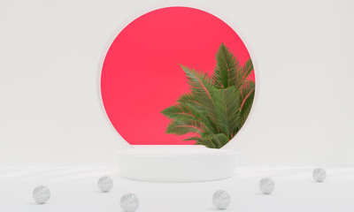 Naklejka premium Podium with colorful pastel background and tree or leaf stand on advertising display. 3D rendering.