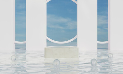 Podium on water and color or sky background advertising display. 3D rendering.