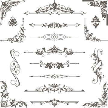 vintage design lace borders monogram logo and corners Vector set art deco floral ornaments elements
