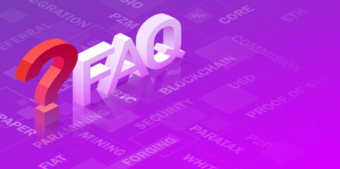 Frequently asked questions, large letters with red exclamation point. Digital artwork.