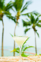 Summer ice drinks with palm leaves on background,cocktail