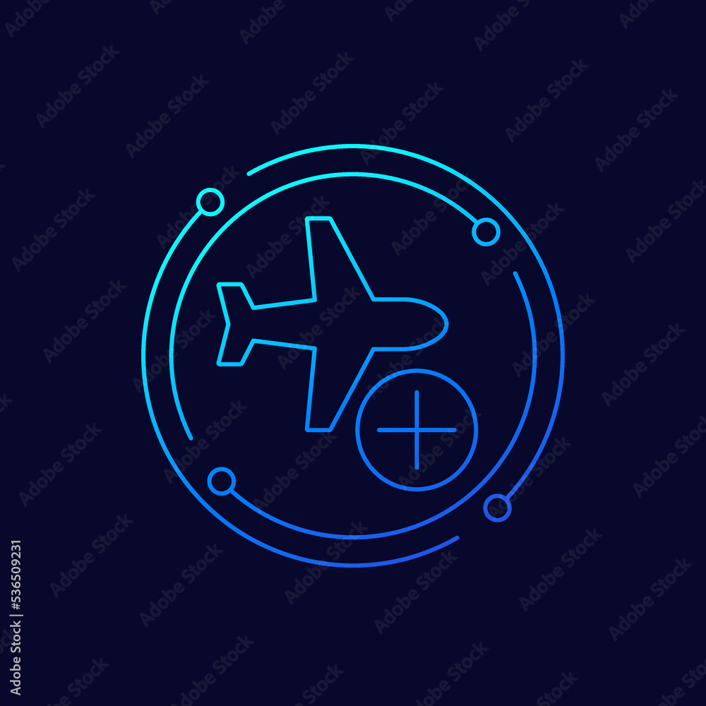 Poster add a flight icon with an airplane, linear design