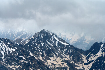 Winter mountain landscape with rocks and snow. Caucasus